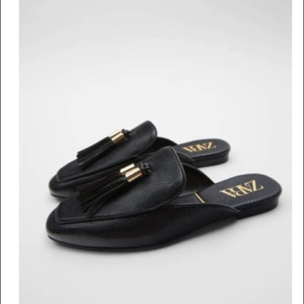 ZARA patent black backless loafers
